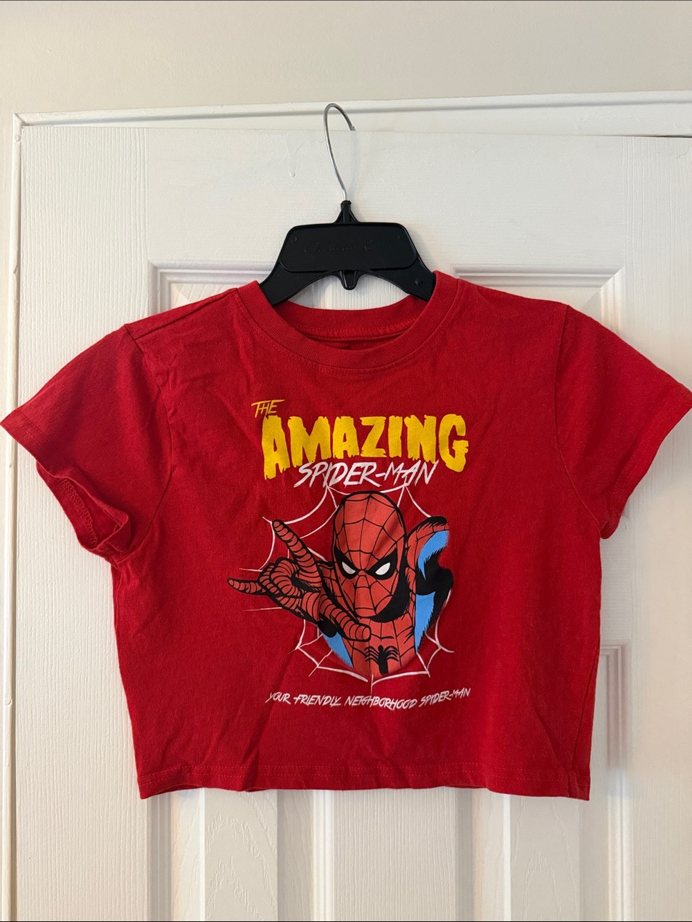 Amazon Red "The Amazing Spider-Man" Crop Top with Yellow Graphic